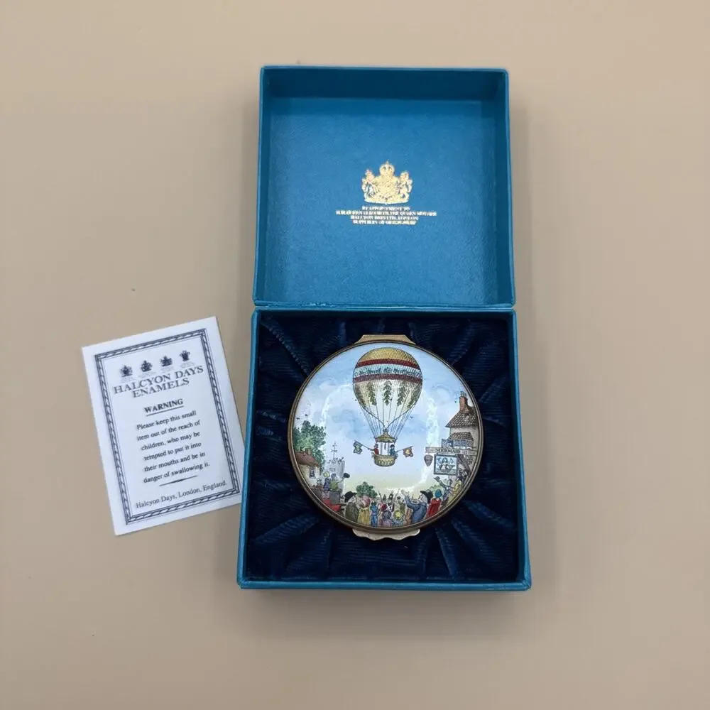 Halcyon Days Bilston Battersea Enamel Trinket Box Hot Air Balloon Mermaid Tavern